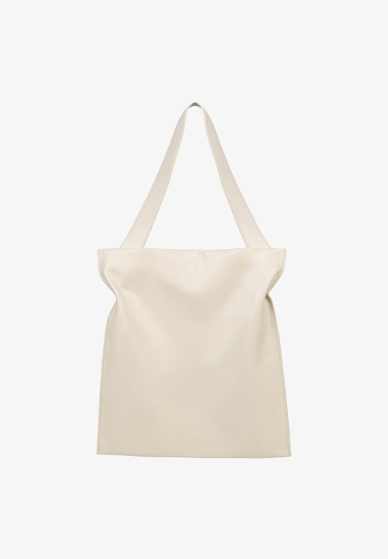 Crème leren draagtas met een slouchy ontwerp, twee platte schouderriemen en een subtiele geperste logo aan de onderkant. Soepele textuur.