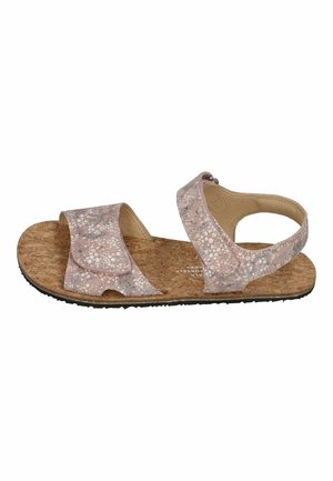 Kindersandale mit offenen Zehen, rosa-weiß gesprenkelten Riemen, Kork-Fußbett und schwarzer strukturierter Sohle, seitlich gezeigt.