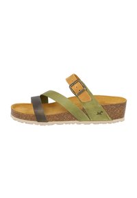 Sanda positiva de dedo abierto en verde y marrón con correas cruzadas, una correa de tobillo con hebilla, plantilla de corcho y suela de goma texturizada.