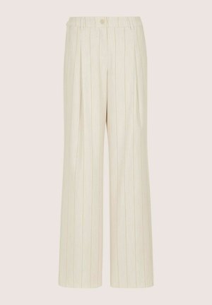 Weit geschnittene Hosen aus cremefarbenem Stoff mit beigen vertikalen Streifen, vorne mit Abnähern, einem Bund mit Knopf und weicher Textur.