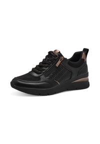 Sneaker nera con materiali lisci e testurizzati, dotata di accenti bronzo, punta rotonda, chiusura con lacci e una zip decorativa sul lato.