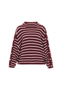 Burgunder- und weiß gestreifter Strickpullover mit hohem Kragen, langen Ärmeln und Knopfdetails an den Ärmeln. Weicher, strukturierten Stoff.
