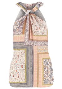 Top de cuello halter con patrones de patchwork florales y geométricos en colores pastel, fabricado en un tejido suave y ligero, con un detalle de atado en la parte posterior.