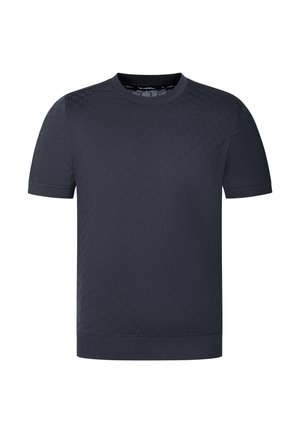Mørkeblå kortærmet t-shirt med rund hals, subtilt tekstureret mønster og ribkant på ærmer og bund.