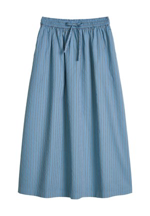 Blauer Midirock mit dünnen vertikalen schwarz-weißen Streifen, elastischem Bund und vorderem Bindegürtel.