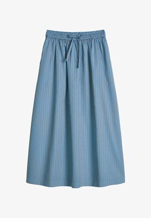 Blauer Midirock mit dünnen vertikalen schwarz-weißen Streifen, elastischem Bund und vorderem Bindegürtel.