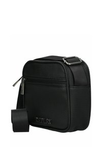 Borsa a tracolla nera in materiale sintetico con superficie testurizzata, accessori in argento, scomparti con zip e tracolla regolabile; logo stampato sul davanti.