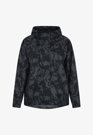 Sort jakke med et hexagon mønster i varierende gråtoner, med hætte, snore og lynlås foran.