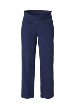 Donkerblauwe broek met een geplooide tailleband, gemaakt van gestructureerde stof. Het ontwerp heeft een losse pasvorm en een cropped lengte.