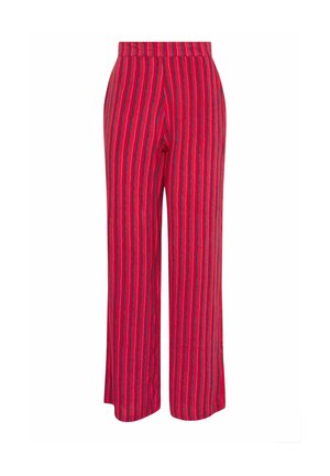 Pantalones de pierna ancha de talle alto con rayas verticales negras y blancas sobre un fondo rojo, con una cintura ajustada.