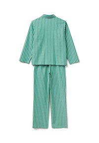 Groen-wit gestreept pyjamaset van zachte stof; heeft lange mouwen, een top met kraag en broek met rechte pijpen.