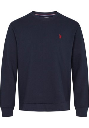 Granatowa dresowa bluza z długim rękawem i okrągłym dekoltem, z małym czerwonym haftowanym logo na lewej piersi.