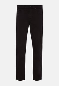 Sorte denim jeans med lige ben, som har fem lommer, en knap- og lynlås-lukning samt en ren, glat overflade.