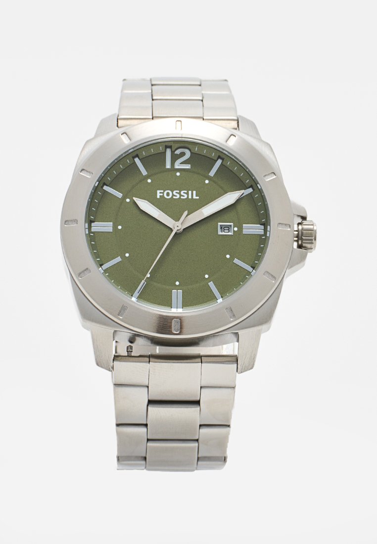 Orologio Fossil con cinturino in acciaio inossidabile, quadrante verde, indici bianchi, display della data e dettagli in tonalità argento. Cassa rotonda con bezel texturizzato.