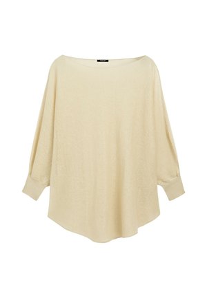 Løs cremefarvet sweater med bred bådudskæring og lange ærmer samlet i tilpassede manchetter.