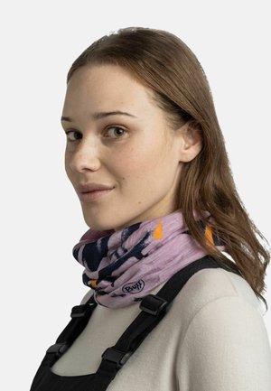 Multifunctional neck gaiter in light pink with blue and orange abstract patterns. Made of soft, stretchy fabric. Features Buff logo.