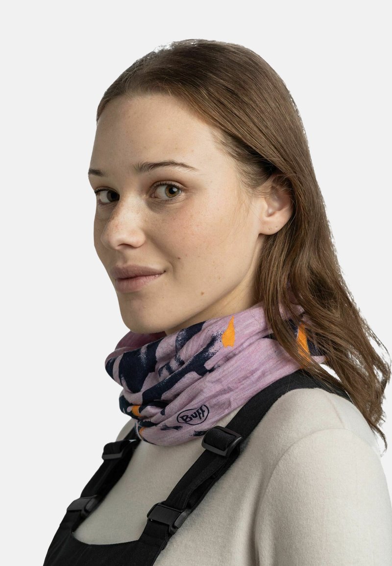 Multifunctional neck gaiter in light pink with blue and orange abstract patterns. Made of soft, stretchy fabric. Features Buff logo.