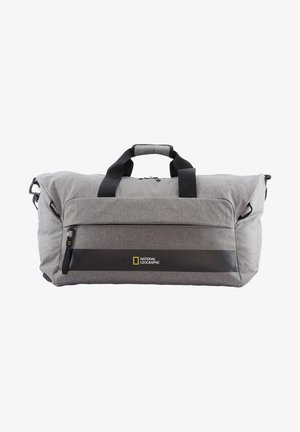 Gray duffel bag with dark accents, top handles, side zipper pocket, and a logo patch on the front. Durable fabric with a textured finish.