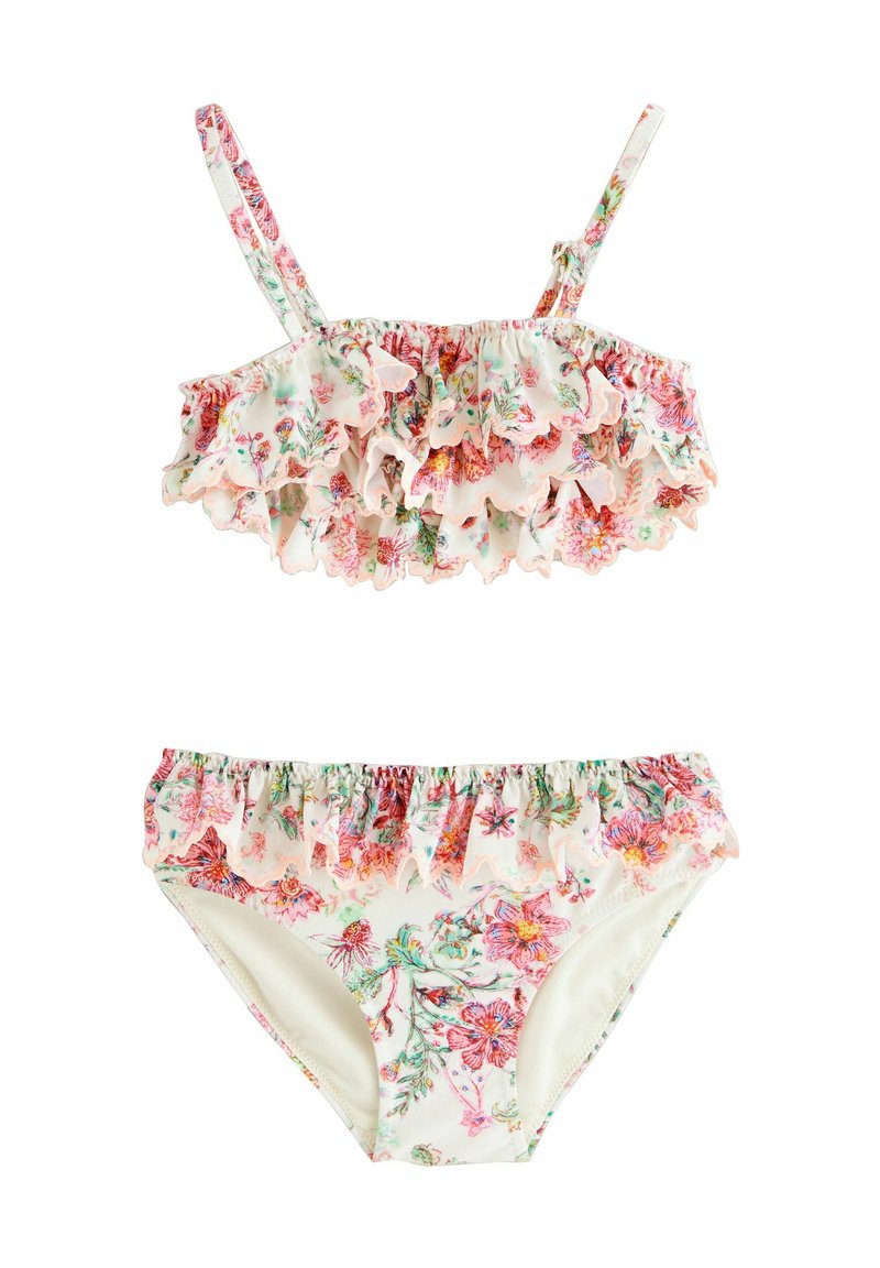 Kaksi-osainen uimapuku kukkakuviolla, jossa on röyhelöillä varustettu crop top säädettävillä olkaimilla ja siihen sopiva röyhelöbikini alaosa.