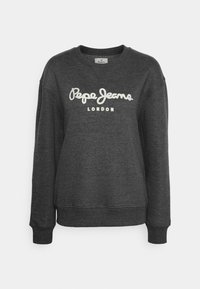 Felpa grigia con colletto rotondo, polsini e fondo a coste. Presenta il logo ricamato bianco "Pepe Jeans London" sulla parte anteriore. Texture morbida.