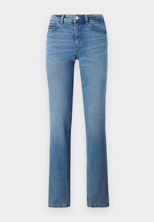 Light blue denim jeans with a straight leg design, featuring a zip fly, button closure, and stitched pockets on the front and back.