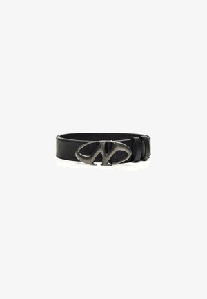 Black leather belt with an abstract silver-metal buckle, featuring two black loops for fastening.