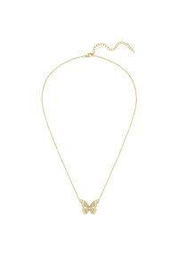 Guld sommerfuglevedhængs halskæde med intrikate udskæringer og glitrende detaljer, hængende fra en fin kæde med justerbar længde.