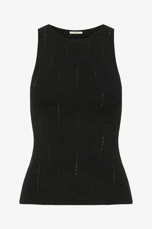 Svart strikket ermeløs topp med vertikale utskjæringer og subtil glans. Klassisk rund hals og tettsittende silhuett. Myk tekstur.