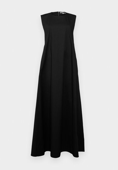 Black sleeveless maxi dress with a round neckline, a smooth texture, and a back zipper. Features a flowing, A-line silhouette.