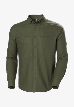 Oliwkowa koszula z długim rękawem zapinana na guziki, z dwiema kieszeniami na piersi, miękka tkanina i klasyczny kołnierzyk. Zapięcie z przodu na guziki.
