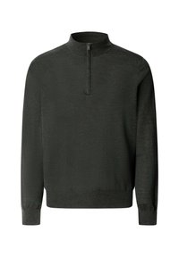 Dunkelgrüner Pullover mit einem halben Reißverschluss am Kragen, langen Ärmeln und einem strukturierten Stoff. Verfügt über ein dezentes Logo auf der Brust.