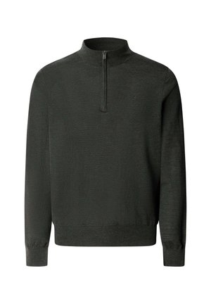 Tmavo zelený pulóver s polovičným zipsom na golieri, dlhými rukávmi a textúrovanou látkou. Na hrudi je diskrétne umiestnené logo.