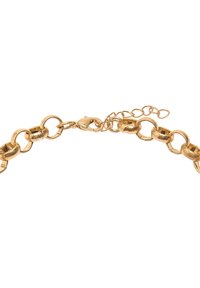 Złota metalowa bransoletka łańcuszkowa, charakteryzująca się okrągłymi ogniwami, z zapięciem typu lobster oraz regulowanym przedłużeniem łańcuszka, pozwalającym na różne długości.