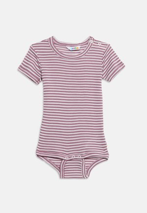 Body bébé à manches courtes rayé blanc et mauve avec pressions à l'épaule et à l'entrejambe, texture côtelée.