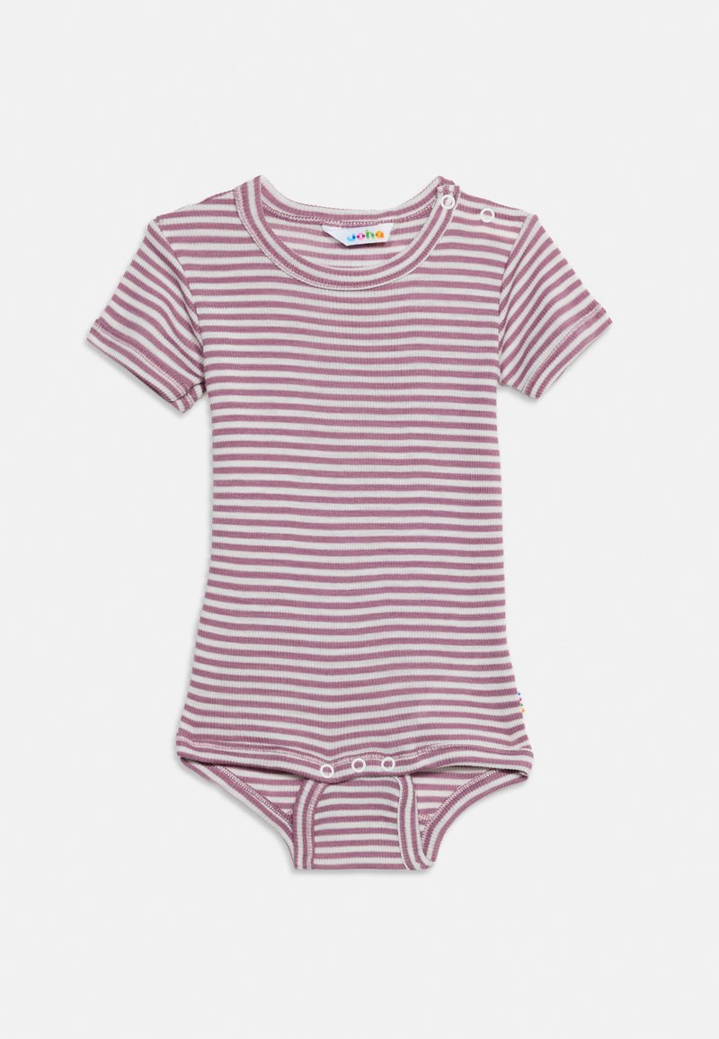 Βρεφικό ροζ κορμάκι με κοντά μανίκια σε λευκό και μοβ ριγέ, με κουμπώματα στο ώμο και μεταξύ ποδιών, με ριμπ υφή.