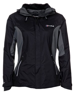 Sort vandtæt jakke med grå detaljer, lynlåslommer, justerbar hætte og manchetter. Har glat stof og en tætsiddende pasform.