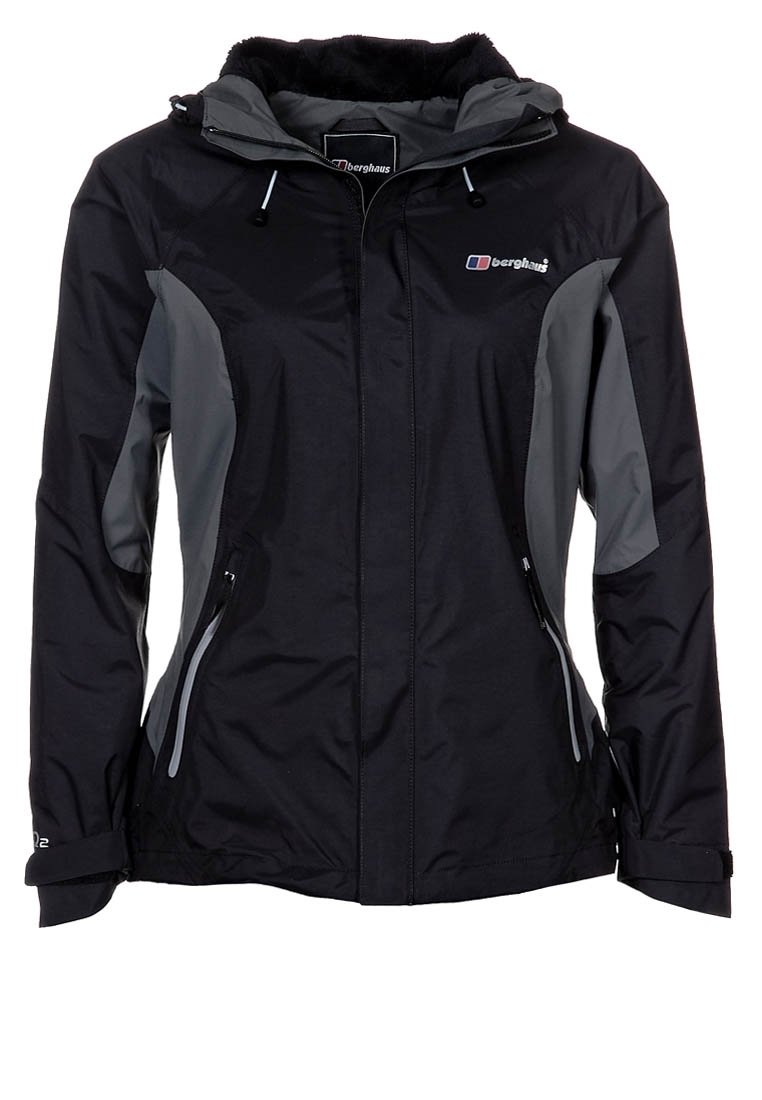 Černá voděodolná bunda s šedými akcenty, zipovými kapsami, nastavitelnou kapucí a manžetami. Má jemnou tkaninu a přiléhavý střih.