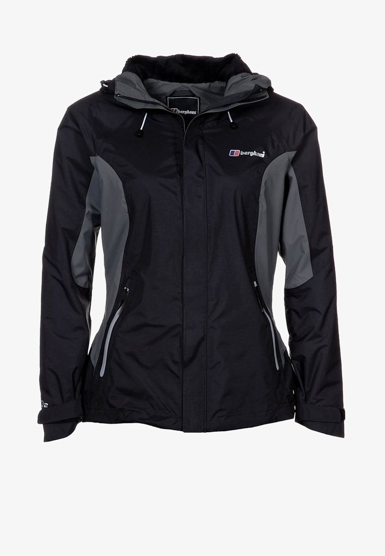 Černá voděodolná bunda s šedými akcenty, zipovými kapsami, nastavitelnou kapucí a manžetami. Má jemnou tkaninu a přiléhavý střih.