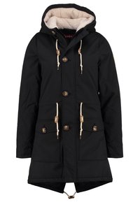 Parka noire avec capuche doublée de polaire beige, cordons coulissants avec boutons, fermetures à boutons et grandes poches avant à rabat.