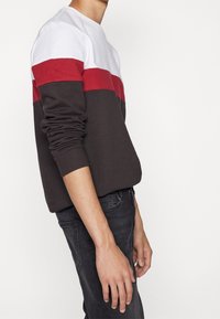 Bomuldssweatshirt med farveblokdesign i hvid, rød og mørkegrå, med lange ærmer og ribstrikkede manchetter. Kombineret med mørke jeans.