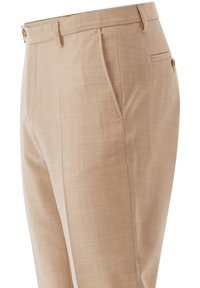 Beige Hosen aus leichtem Stoff mit einer glatten Textur, flachem Frontschnitt und Seitentaschen, einem dezenten Karomuster und Knopfdetails.