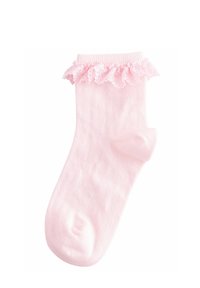 Calzino rosa con superficie texture, caratterizzato da un bordo ricamato in pizzo nella parte superiore e una sezione della punta liscia.