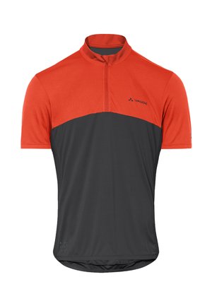 Maillot de cyclisme à manches courtes avec moitié supérieure rouge, moitié inférieure noire, demi-fermeture éclair et petit logo Vaude sur la poitrine.