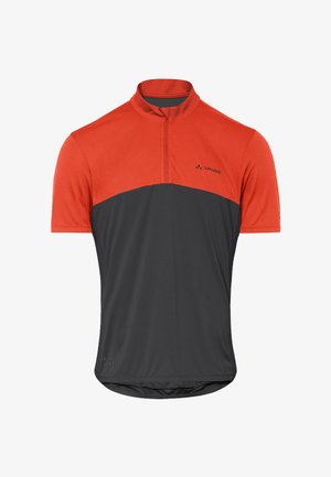 Maillot de cyclisme à manches courtes avec moitié supérieure rouge, moitié inférieure noire, demi-fermeture éclair et petit logo Vaude sur la poitrine.