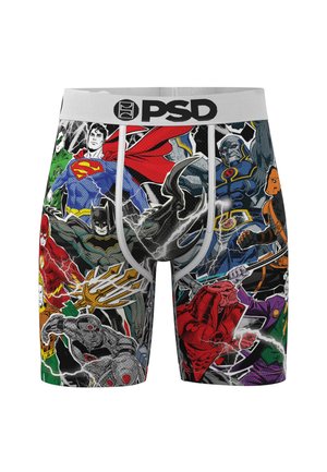Bóxers de hombre con superhéroes y villanos de cómics coloridos, incluyendo a Superman, Batman, Flash, Aquaman y más en poses de acción.