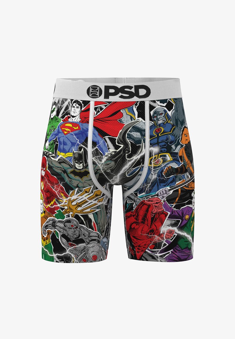 Boxers pour hommes présentant des super-héros et vilains colorés de bandes dessinées, incluant Superman, Batman, Flash, Aquaman, et plus en poses d'action.