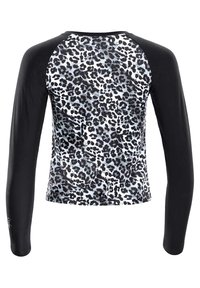 Black long-sleeve top featuring a gray and black leopard print back. Made of smooth, stretchy fabric with a crew neck and fitted design.