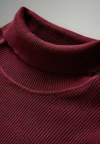 Burgundia soonikkoes turtleneck-kampsun, millel on paks krae ja tekstuuriga kangas. Disain rõhutab vertikaalseid jooni kogu kangal.