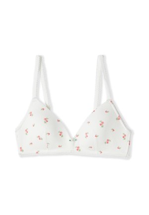Weißer Soft-BH mit verstellbaren Trägern, bedeckt mit kleinen rosa Rosenmustern und einer zentralen dekorativen Schleife.