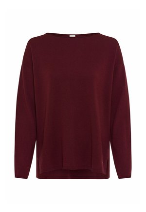 Bordeaux gebreide trui met een relaxte pasvorm, ruime halslijn en lange mouwen. Heeft zijsplitten aan de zoom voor extra comfort.